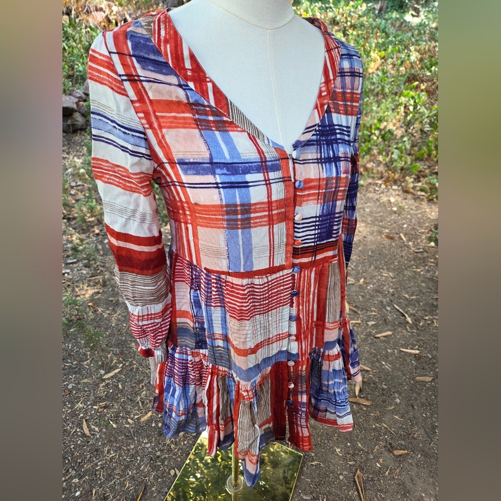 Anthropologie Maeve Patriotic Red and White Plaid Blouse Size XS‎ - Picture 2 of 6